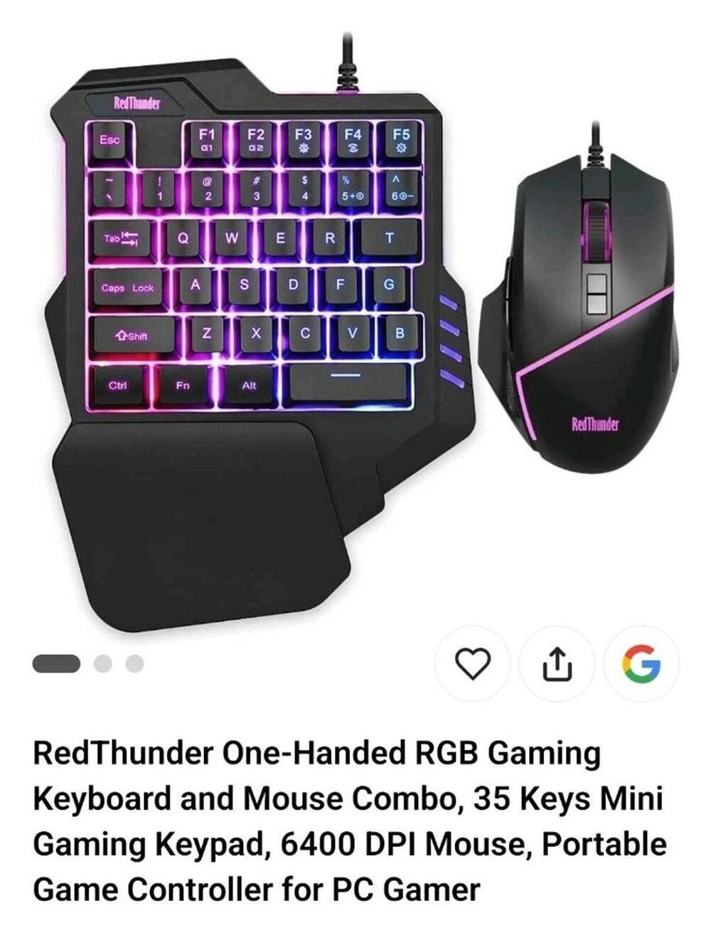 RedThunder One-Handed RGB Gaming Keyboard and Mouse Combo, 35 Keys Combo